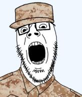 camouflage desert_camo glasses looking_at_you military military_uniform open_mouth personal_army soyjak stubble teeth variant:jazzson // 675x789 // 167.0KB