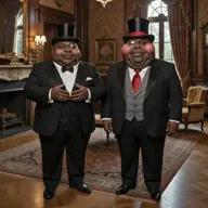 aristocratic black_skin bowtie chair character:henry_ts_manchester character:hubert_ts_manchester closed_mouth clothes fancy fat fireplace meta:ai_generated mirror monocle necktie obese room subvariant:fat_alicia suit suit_and_tie top_hat variant:alicia window // 836x836 // 201.0KB