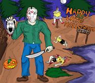 4soyjaks aspie axe building clothes corpses dead dead_eyes forest gore halloween hockey holding_object holding_severed_head impaled intestines jason_vorhees jeans machete mask pun severed_head soyjak tranny variant:a24_slowburn_soyjak variant:bernd variant:jasonjak variant:markiplier_soyjak water white_skin // 2156x1893 // 404.8KB