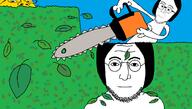 chainsaw garden gardening glasses hair haircut hedge holding_chainsaw holding_object leaves round_glasses smile stubble subvariant:nulennonjak subvariant:wholesome_soyjak sun variant:gapejak variant:lennonjak variant:turtlejak // 1686x956 // 133.8KB
