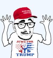 clothes donald_trump ear glasses half_open_mouth hand hands_up hat jewish_nose jews_for_trump kike maga make_america_great_again mustache smile soyjak star_of_david stubble transparent_background variant:longnose // 411x445 // 102.8KB