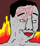 closed_mouth demon facial_mark fire forehead_mark grey_skin hair hell mark_of_the_beast no_pupils pentagram pentagram_forehead_mark red_lips smile soyjak variant:chudjak vein // 640x734 // 37.1KB