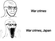 2soyjaks angry closed_mouth excited glasses hand hands_up japan looking_to_the_left soyjak stretched_mouth stubble subvariant:soyak_(irritated) subvariant:wewjak text thing_japanese variant:soyak waow war war_crime white_background // 640x479 // 86.0KB
