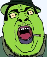 bowtie cigarette clothes dice fedora glasses green_skin hair hat looney_tunes mustache no snake_eyes soyjak stubble suit variant:chugsjak villain yellow_eyes // 1124x1374 // 51.4KB