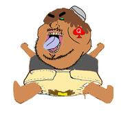 angry baby black_sclera brown_skin emo_hair goatee green_eyes grey_shirt islam joe_mama joel_(user) mustache orange_skin poop queen_of_hearts shitskin skin_cancer stubble subvariant:pissbaby taqiyah variant:meximutt // 1343x1193 // 288.7KB