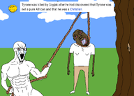 3soyjaks arm black_skin bloodshot_eyes brown_skin buff closed_mouth clothes cross crying drawn_background ear full_body glasses grass hand hanging holding_object holding_rope irl leg lynching nigger noose open_mouth outdoors rope smile smug soyjak stubble subvariant:crying_soyak subvariant:long_crying_soyak subvariant:wholesome_soyjak sun tongue tree variant:bernd variant:gapejak variant:soyak white_shirt yellow yellow_skin yellow_teeth // 2100x1500 // 209.5KB