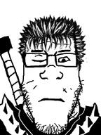 anime berserk closed_eyes closed_mouth clothes glasses guts_(berserk) hair manga scar soyjak stubble sword variant:markiplier_soyjak // 600x800 // 156.1KB