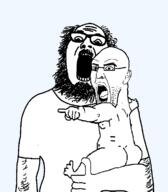 2soyjaks arm beard butt carrying clothes foot full_body glasses hair hand leg moustache nipple open_mouth pointing stubble template tongue tshirt variant:ignatius variant:imhotep // 656x748 // 33.3KB