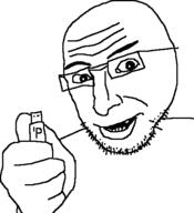 arm devious evil flash_drive glasses hand holding_object open_mouth smug soyjak stubble thumbs_up usb variant:thumbjak // 454x497 // 15.2KB