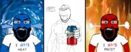3soyjaks angry animal arm balding blue_skin buff can cat centrist closed_mouth clothes fire fume glasses hair hand holding_object holding_sproke horseshoe_theory i_hate ice open_mouth politics red_skin smile soyjak sproke stubble subvariant:science_lover subvariant:wholesome_soyjak swolesome text tshirt variant:gapejak variant:markiplier_soyjak // 1280x516 // 574.0KB