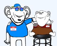 2soyjaks addison_(user) baby beard big blue_shirt cap closed_mouth clothes dj ear friendship glasses hand hands_up hat hello_my_name_is_(sticker) holding_object sabiopajin_(user) shades shaved shorts sit stool stubble subvariant:party_soyak_ears subvariant:pissbaby sunglasses tshirt variant:impish_soyak_ears // 1666x1333 // 245.5KB