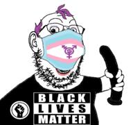 arm balding black_lives_matter clothes dildo ear flag:transgender_pride_flag glasses hair hand holding_dildo holding_object makeup mask mouth_mask open_mouth purple_hair raised_fist_(symbol) soyjak stubble surgical_mask tranny transgender_symbol tshirt variant:gapejak // 1280x1200 // 529.2KB