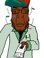 'p black_skin closed_mouth discord doctor dr_fnfshekelpedo_phd flies fnf_pedo full_body glasses green_hair hair holding_object lips pedophile shitskin soyjak stink_lines stinky stubble subvariant:chudplier variant:chudjak variant:markiplier_soyjak yellow_skin // 686x911 // 26.7KB