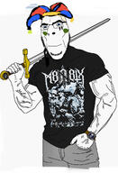 1488 blue_eyes buff closed_mouth clothes hat holding_object holding_sword jester jester_hat m8l8th soyjak stubble sword trend:aryan variant:cobson vein watch weapon wristwatch yellow_hair // 866x1268 // 529.6KB