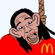 amerimutt anti_mutt brown_skin clothes crying ear hair hanging mcdonalds open_mouth pol_(soyjak_party) rope tongue variant:rizzjak white_eyes // 800x796 // 157.5KB