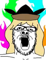 anime clothes female fire glasses hair hat matara_okina mustache open_mouth soyjak stubble touhou variant:a24_slowburn_soyjak video_game yellow_hair // 630x808 // 60.5KB