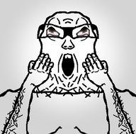 arm bald glasses gray_background hairy_arms hand looking_up mirrored open_mouth soyjak stubble teeth variant:lactoriajak vignette wrinkles // 406x400 // 32.8KB