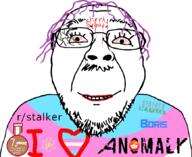 atom badge blood bloodshot_eyes broken_glasses flag heart i_love lipstick moddb purple_hair reddit smile soyjak stalker stubble text tranny variant:bernd video_game // 868x712 // 113.3KB