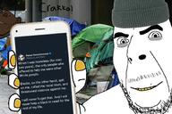 2soyjaks arm beard black_skin clothes ear hand hat holding_object holding_phone homeless iphone meta:tagme mustache nazism phone stubble twitter variant:cobson variant:impish_soyak_ears yellow_teeth // 680x453 // 74.0KB