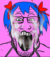 4chan blue_hair bowtie bury_pink_gril cum female glasses green_eyes hair meta:pornographic_content mist nsfw open_mouth pink pink_background pink_skin s4s_(4chan) soyjak stubble variant:markiplier_soyjak // 640x733 // 462.1KB