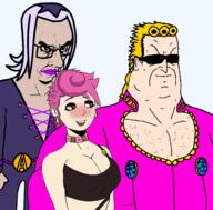 angry anime big_breasts blush breasts buff choker clothes enbie female frown gigachud giorno_giovanna glasses hair jojos_bizarre_adventure leone_abbacchio pink_hair purple_hair soyjak subvariant:chudjak_seething sunglasses trish_una variant:chudjak white_skin yellow_hair // 2815x2773 // 1.4MB