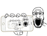 holding_object holding_phone phone variant:markiplier_soyjak white_shirt // 2048x1558 // 800.8KB