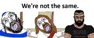 3soyjaks beard black_shirt bloodshot_eyes brown_eyes brown_skin buff christianity clothes crucifixion glasses hair hat headband islam jihad judaism kippah open_mouth rope shahada soyjak stubble subvariant:chudjak_front subvariant:muscular_chud teeth text tongue variant:bernd variant:chudjak we're_not_the_same white_skin you're_the_same // 1994x804 // 522.8KB