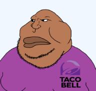 closed_mouth clothes fat hair obese purple purple_shirt soyjak stubble taco_bell text transparent_background variant:meximutt // 888x848 // 34.4KB