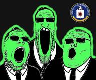 3soyjaks central_intelligence_agency clothes glasses glowing green open_mouth soyjak stretched_mouth stubble suit sunglasses text trend:glowie trend:soyjak_trio variant:gapejak variant:markiplier_soyjak variant:tony_soprano_soyjak // 766x636 // 243.5KB