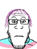 closed_mouth glasses looking_at_you neutral purple_hair soyjak subvariant:neutralplier tranny trans transgender_flag variant:markiplier_soyjak white_background // 600x800 // 11.5KB