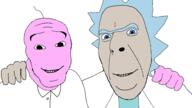 2soyjaks blue_eyes blue_hair friendship hand hugging jacket no_more_brother_wars pim purple_skin rick_and_morty rick_sanchez smile smiling_friends soyjak stubble unibrow variant:cobson variant:feraljak white_background white_skin // 1920x1080 // 189.7KB