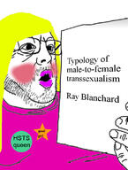 badge book cheeks fat glasses hair holding_book holding_object makeup open_mouth ray_blanchard soyjak star stubble text tranny variant:book_soyjak yellow_hair // 605x800 // 100.9KB