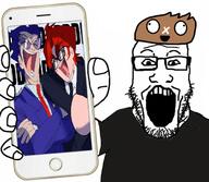 clothes doomentio doomposting doomverse glasses hat holding_phone jerry kenlwright open_mouth phone stubble subvariant:phoneplier_vertical variant:markiplier_soyjak // 680x593 // 337.0KB