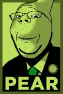 PaulMcPear artist:Keys badge closed_mouth clothes food fruit glasses green green_skin namefags parody pear propaganda propaganda_poser series:chudtwt series:fruiterz! shadow smile soyjak stubble subvariant:wholesome_soyjak suit variant:gapejak watermark // 678x1000 // 68.6KB