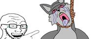 bloodshot_eyes crying fangs furry glasses hand hanging laughing merge open_mouth pointing rope soy_parody soyjak stubble suicide tongue variant:56jak2 variant:bernd variant:soyak // 964x406 // 43.8KB