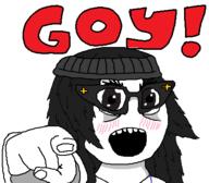 blush brown clothes female glasses goy hand judaism necklace pointing pointing_at_viewer soyjak text variant:soytan // 436x382 // 21.8KB