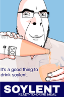 drink drinking eyebrows glasses hand holding_object looking_at_you nails propaganda propaganda_poster series:soylent_vintage_advertising smile soy soylent soylent_(cacao) stubble text variant:cobson // 1821x2756 // 759.3KB