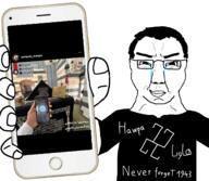 arm closed_mouth clothes crying glasses hair hand holding_object holding_phone iphone kurdistan phone smile smug soyjak subvariant:chudjak_front text tshirt variant:chudjak // 1729x1508 // 1.3MB