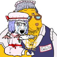 anime arm bloodshot_eyes clothes crying fat glasses hand hat izayoi_sakuya janny open_mouth pointing remilia_scarlet soyjak stubble sweating touhou variant:soyak video_game // 680x681 // 121.0KB