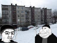 2soyjaks black_shirt car cigarette closed_mouth commieblock doomer eye_bags eyebrow glasses grey_shirt hoodie irl_background nose russia series:eastern_doomers smoke smoking snow soviet_union stubble tree variant:chudjak variant:meximutt window winter // 700x525 // 458.5KB