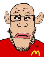 amerimutt brown_skin closed_mouth ear glasses lips mcdonalds mutt neutral red_tshirt soyjak stubble subvariant:neutralplier variant:markiplier_soyjak // 600x762 // 117.1KB