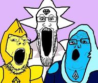 3soyjaks blue_diamond blue_hair blue_skin cartoon cartoon_network eyelashes glasses open_mouth steven_universe stretched_mouth stubble trend:soyjak_trio variant:gapejak variant:markiplier_soyjak variant:tony_soprano_soyjak white_diamond white_hair white_skin yellow_diamond yellow_skin // 675x569 // 421.5KB