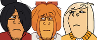 are_you_soying_what_im_soying blond bow closed_mouth coco_(ongezellig) concerned female glasses hair looking_at_each_other maya_(ongezellig) mymy_(ongezellig) ongezellig orange_hair stubble subvariant:neutralplier subvariant:wholesome_soyjak variant:gapejak variant:markiplier_soyjak white_background // 1963x819 // 99.7KB