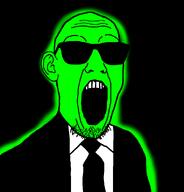 bald black_background black_jacket central_intelligence_agency clothes ear federal_bureau_of_investigation glasses glowie glowing green_skin necktie nose open_mouth soyjak suit suit_and_tie sunglasses variant:gimper wrinkles // 947x990 // 127.6KB