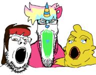 animation_meme birdie blue_eyes blue_hair brown_eyes colorful_hair glasses hair horn meta:tagme mortis open_mouth pink_hair soyjak stretched_mouth stubble trend:soyjak_trio variant:gapejak variant:markiplier_soyjak variant:tony_soprano_soyjak yellow_hair // 828x653 // 27.5KB