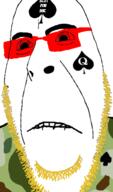 a24 blond camouflage civil_war_(movie) glasses hair jesse_plemons queen_of_spades red_glasses soldier soyjak stubble subvariant:hornyson sunglasses variant:cobson yellow_stubble // 415x707 // 102.4KB