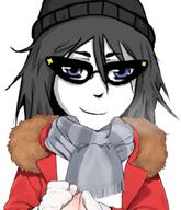 clothes glasses glove hair holding_hand scarf smile variant:soytan // 738x860 // 90.0KB