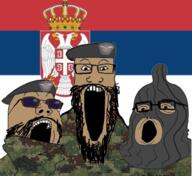 3soyjaks arm beard beret brown_skin clothes country flag flag:serbia glasses hat mask military military_hat open_mouth reichsadler serbia soyjak stretched_mouth sunglasses trend:soyjak_trio variant:gapejak variant:markiplier_soyjak variant:tony_soprano_soyjak // 2048x1875 // 2.3MB