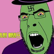 angry band black_magick black_magick_ss black_metal clothes glasses hat metal_(music) music open_mouth purple_eyes soyjak stubble swastika variant:cobson wizard_hat // 1000x1000 // 84.4KB