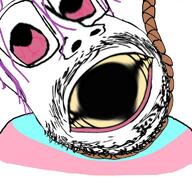 deformed distorted flag glasses hair hanging mustache open_mouth purple_hair red_eyes rope soyjak stubble subvariant:scholar suicide tranny variant:gapejak yellow_teeth // 768x719 // 428.5KB